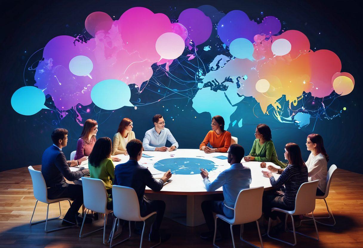 A vibrant scene depicting a group of diverse individuals gathered around a table, engaged in lively discussion and sharing ideas. Floating speech bubbles connect them, symbolizing online connections and community engagement. In the background, a digital world map with glowing nodes highlights global connections. The atmosphere is warm and inviting with soft lighting. super-realistic. vibrant colors. 3D.