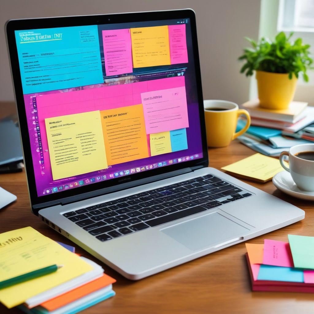 A dynamic desk scene displaying a glowing laptop with an open blog editing interface, surrounded by colorful sticky notes, an overflowing coffee mug, and a stack of books on content creation. The background is bright and infused with elements of digital media like charts and graphs, symbolizing growth and impact through blogging. Bright, engaging colors, illustration style.