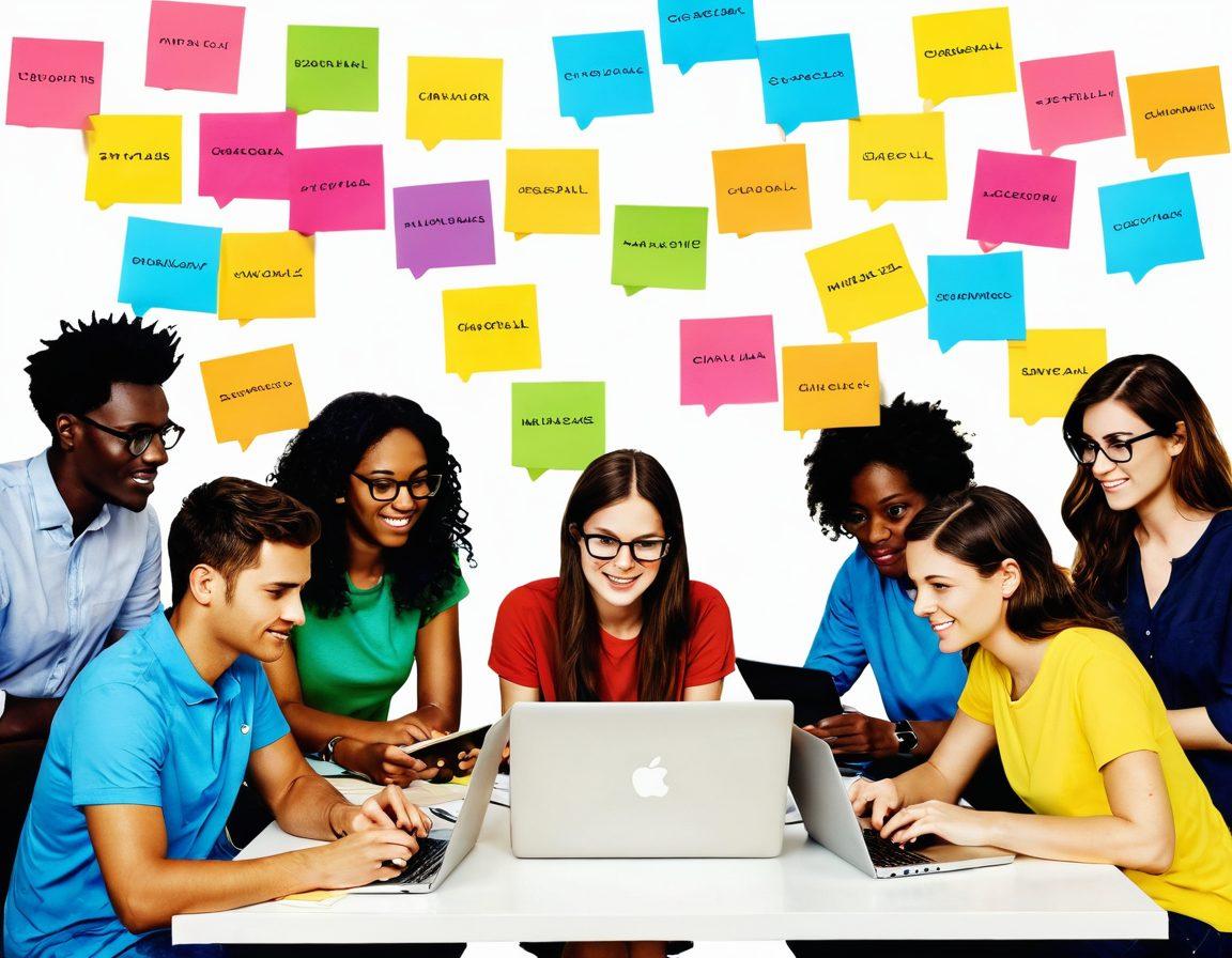 A vibrant digital collage depicting a diverse group of bloggers brainstorming ideas, surrounded by colorful post-it notes and laptops. In the background, illustrations of community connections like chat bubbles and social media icons are intertwined with creative elements like light bulbs and quills. The scene is lively and collaborative, inviting engagement and interaction. super-realistic. vibrant colors. white background.